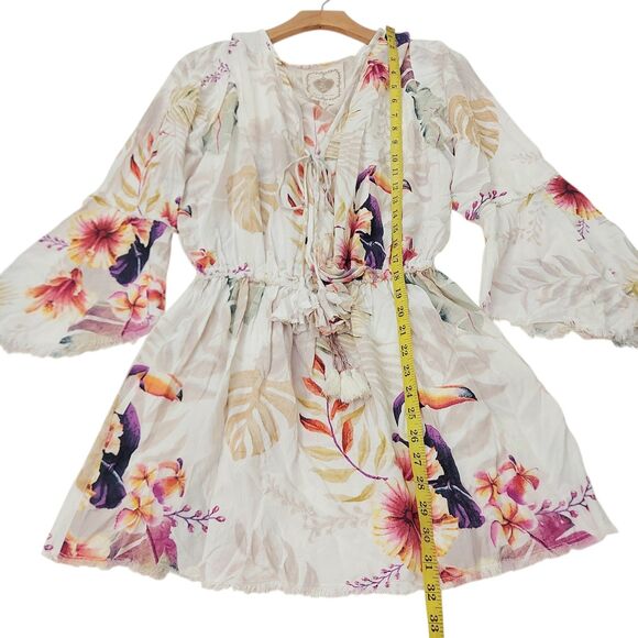 Z&L Europe Mini Dress Womens Medium Beige Floral Flared Sleeve Y2K Beachy Travel - Picture 12 of 12